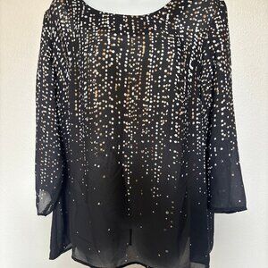 Pre-Loved Black Sheer blouse with tan and white polka dots and sporadic sequins